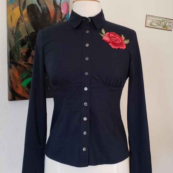 Talbots Button Down Navy Blue Blouse with Roses 4P - Picture 9 of 11